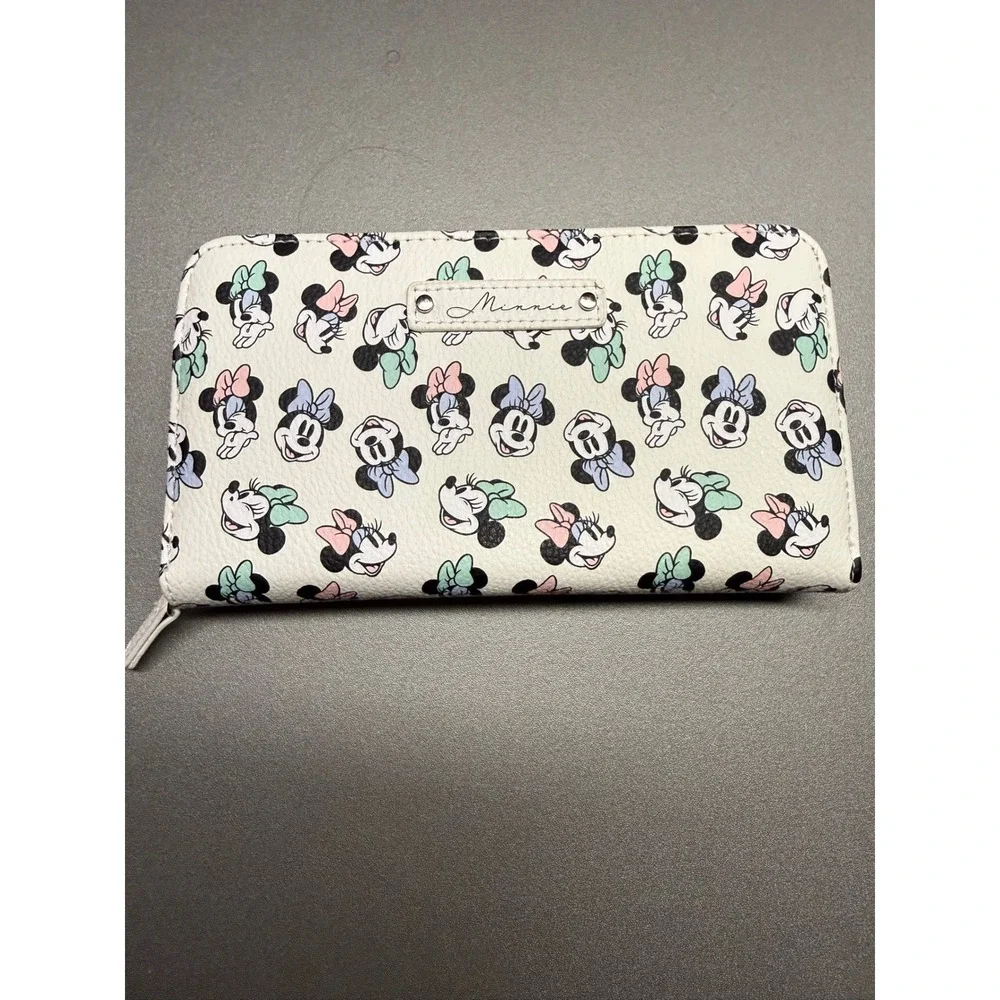 Disney Minnie Mouse Zip Around Wallet White Pastel Bows Faux Leather Long Clutch